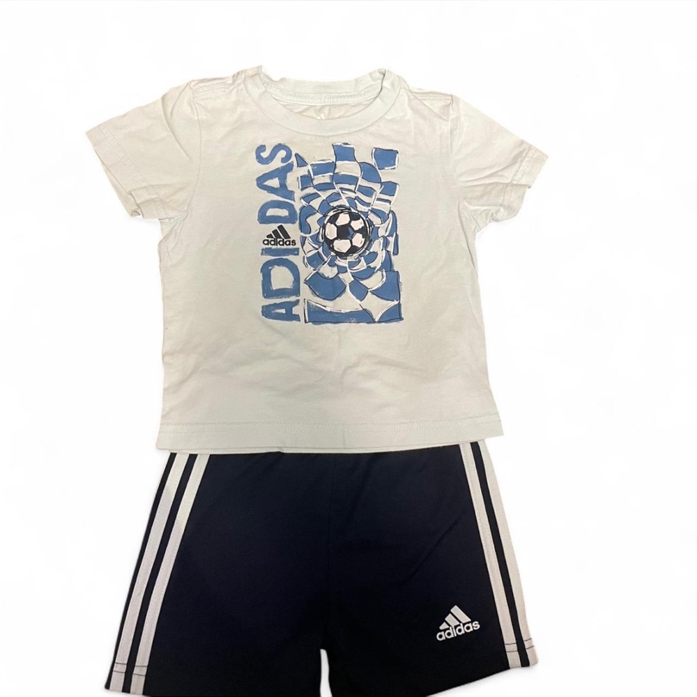 Adidas Kids White Tee with Blue Soccer Graphic
